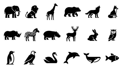 Fototapeta premium Set of Various Animal Silhouette Icons Featuring Wildlife Species and Marine Creatures for Graphic Design Projects (7)
