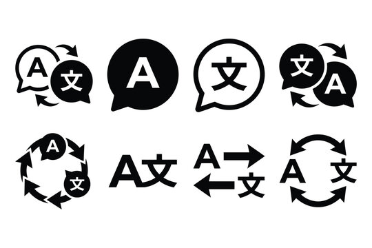 Collection of black language translation icons and circular speech bubble symbols representing multilingual communication with speech bubbles translate set language exchange dialogue icons