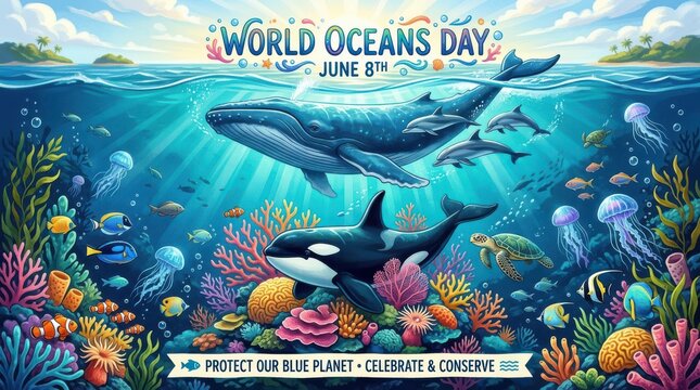 Whales and orcas swimming in vibrant underwater ocean scene for world oceans day