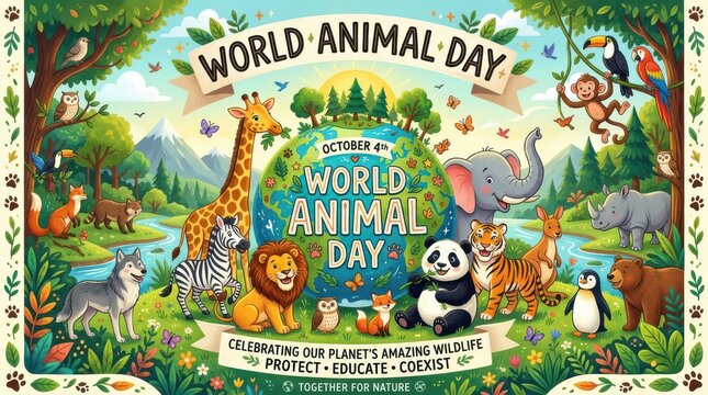 World animal day colorful illustration with various animals in forest setting