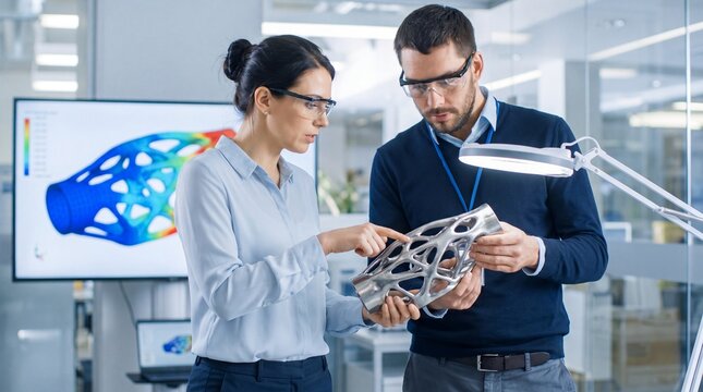 Engineers examining 3D printed generative design metal component in lab