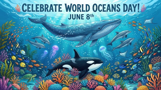 Whale and orca swimming in vibrant underwater coral reef on world oceans day