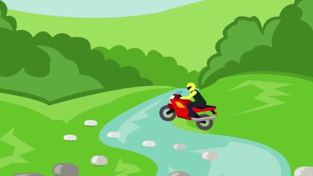 2D Animated Motorbike Riding on Countryside Road Along River and Green Hills Flat Vector Motion Graphics Animation Footage