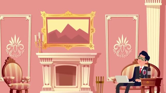 2D Animated Man Sitting in Armchair inside Luxury Mansion Palace Room Interior Flat Vector Character Animation Footage