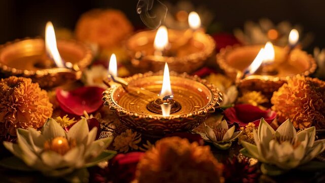 Traditional Oil Lamps With Floral Decorations For Religious Celebration