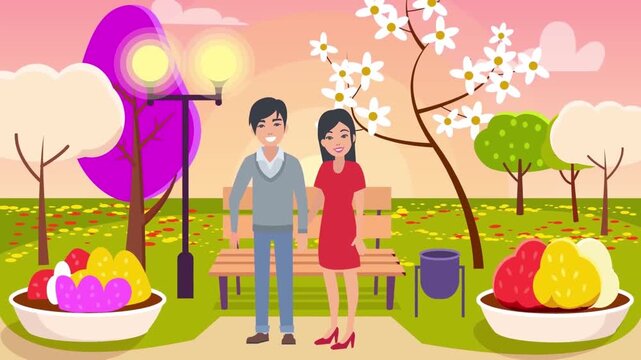 2D Animated Romantic Couple Walking in Park with Blooming Spring Trees Flat Vector Character Animation Footage