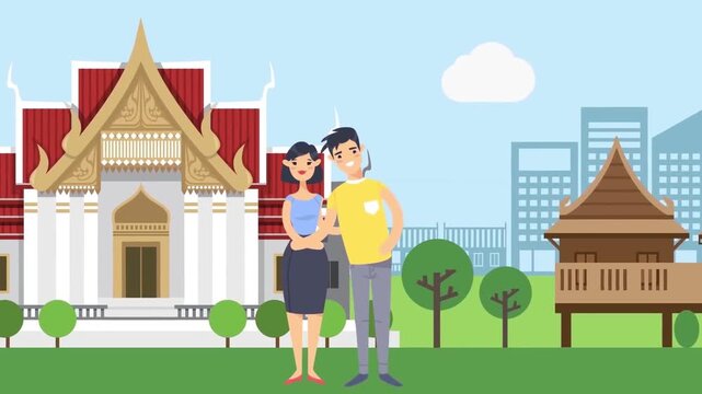 2D Animated Couple Tourists Standing near Asian Temple Landmark Exterior Flat Vector Character Animation Footage