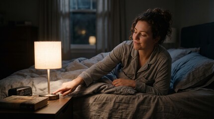 Fototapeta premium Woman in Pajamas Reaching for Bedside Lamp Switch at Night