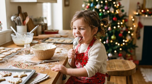 Joyful little girl tasting frosting while baking Christmas cookies in a festive kitchen