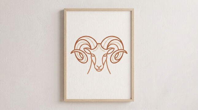 A minimal line art illustration of the Aries ram symbol, warm terracotta and cream beige color palette, modern bohemian wall art aesthetic, textured matte background, clean vector design