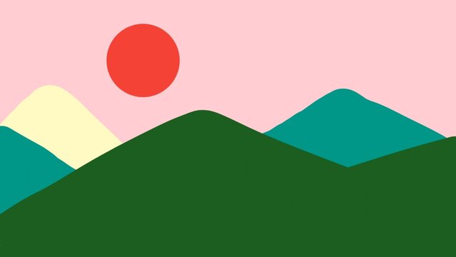 Minimalist colorful mountain landscape vector illustration with a bold red sun against a soft pink sky.