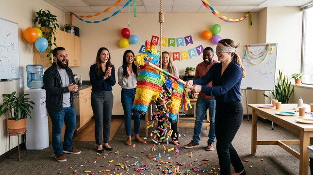 Diverse office team celebrates birthday with a pi&ntilde;ata breaking party and candy falling on the floor
