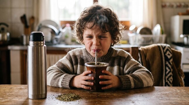 Young boy with curly hair grimaces while drinking hot mate from a gourd with a metal straw