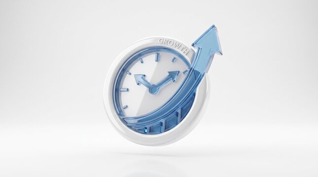 3D render of clock with upward growth arrow for time and business success