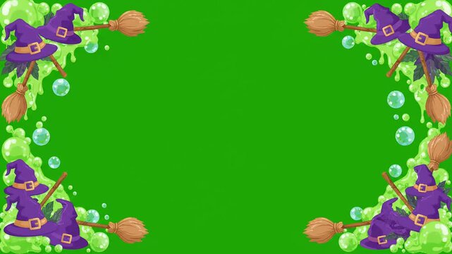Halloween witch hat frame overlay on green screen backdrop vector motion graphic element