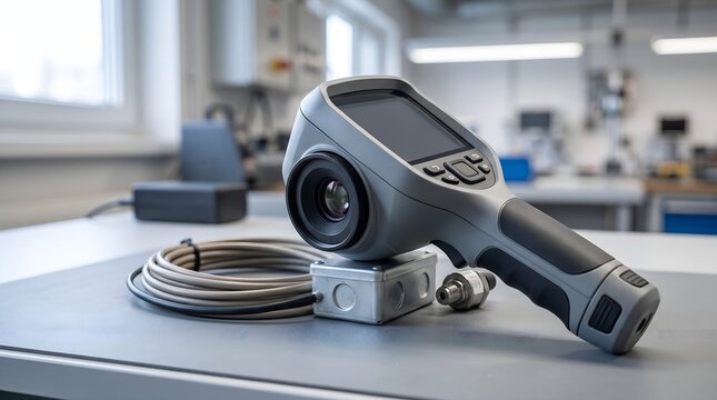 Professional thermal imaging camera positioned for building inspection beside electrical and HVAC equipment for heat detection, maintenance diagnostics, energy auditing, safety and efficiency