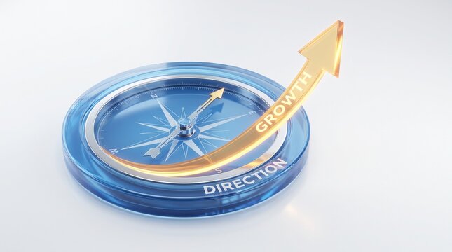 Blue compass with direction and growth text and golden rising arrow symbol
