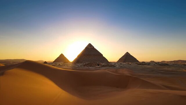 Ancient Egypts Desert Pyramids Sunrise Majesty, Golden Sand Dunes, Breathtaking Architecture, Iconic Landmark, Travel Monument, Evoking Wonder and Mystery