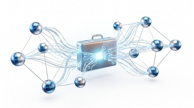 Digital briefcase with glowing data network and connected nodes symbolizing