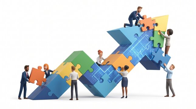 Miniature business people assembling colorful puzzle pieces forming a growth