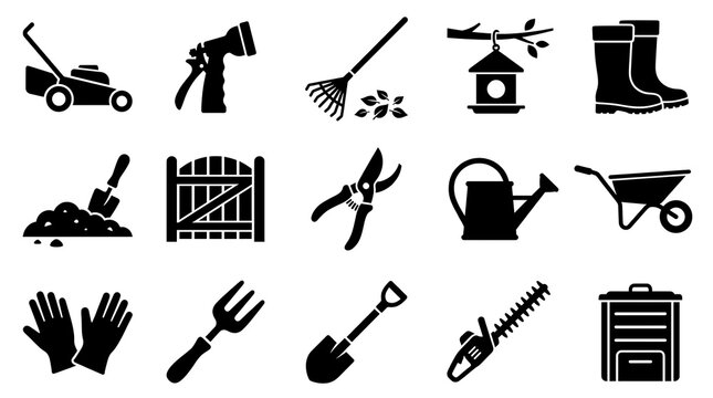 Gardening tools and equipment icon set black glyph style vector isolated on white background