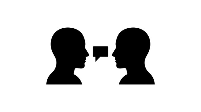 Two heads communication icon speech bubble dialogue black glyph vector business conversation symbol isolated on white background