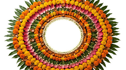 Fototapeta premium Circular floral rangoli with lotus petals and lit diya lamps isolated on transparent background