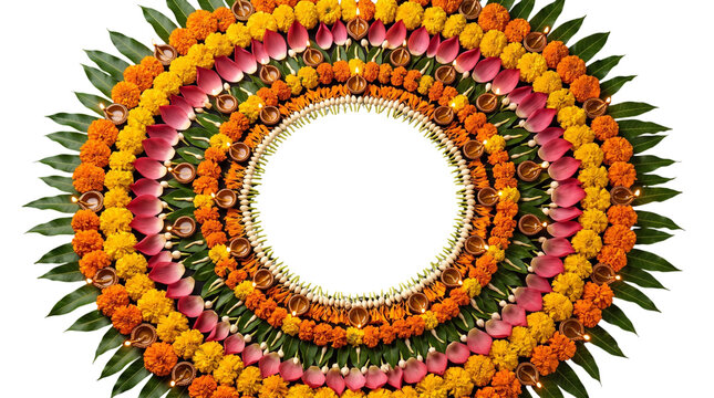 Circular floral rangoli with lotus petals and lit diya lamps isolated on transparent background