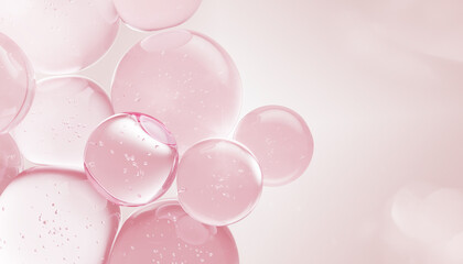 Fototapeta na wymiar Pink PDRN serum drops texture 3d background with salmon DNA and peptides. Rose water facial toner, cleansing gel or lotion bubbles. Liquid cosmetic ball spheres, spa beauty ad banner. 3D illustration