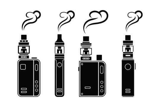 Electronic cigarette icons featuring black vape mods and pens with steam clouds for vaping devices and alternative smoking concepts