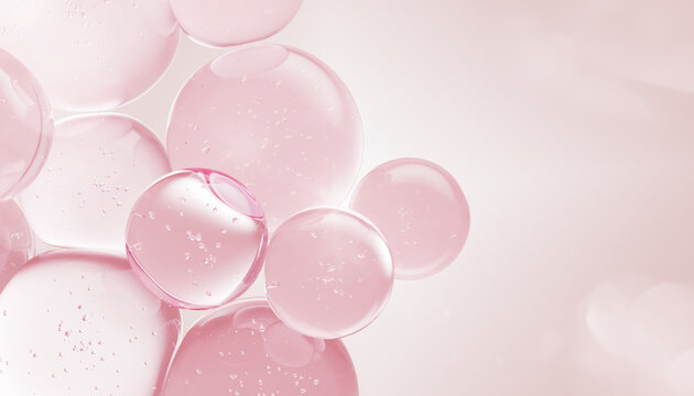 Pink PDRN serum drops texture 3d background with salmon DNA and peptides. Rose water facial toner, cleansing gel or lotion bubbles. Liquid cosmetic ball spheres, spa beauty ad banner. 3D illustration