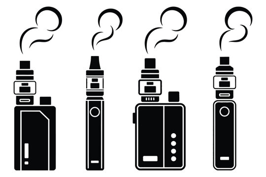 Electronic cigarette icons featuring black vape mods and pens with steam clouds for vaping devices and alternative smoking concepts