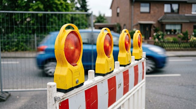 Yellow plastic construction lamps attached to a white and red striped barrier on a city street with blurred moving vehicles