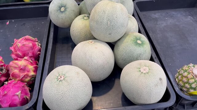 Close up of whole rock melons at grocery store