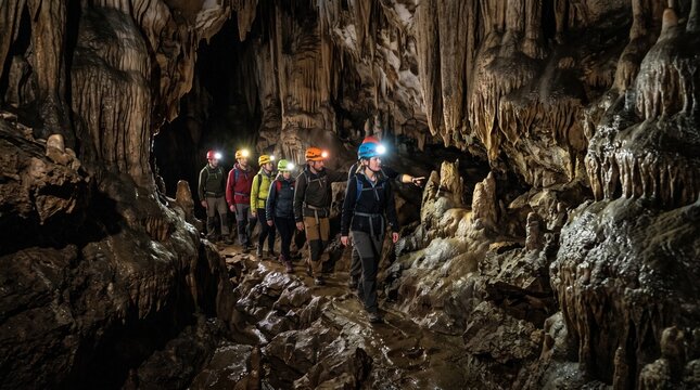 Group of hikers exploring a vast cave with stalactites and stalagmites illuminated by headlamps