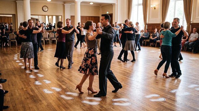 Couples practice ballroom dancing in a large hall with footprints on the floor guiding their steps