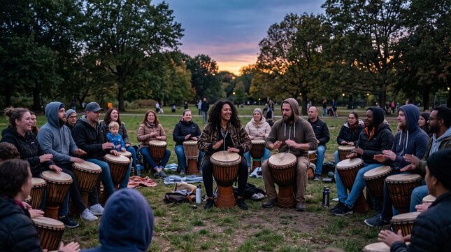 Diverse group of people enjoying a drum circle in a park at sunset