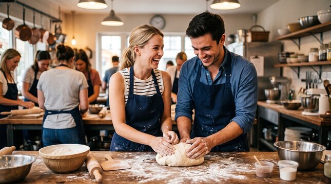 Happy couple laughing while kneading dough together in a busy cooking class kitchen
