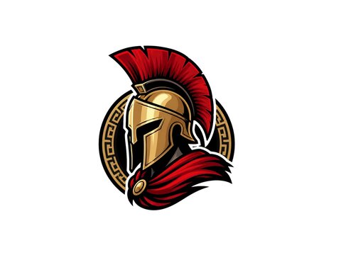 Spartan warrior helmet icon with red crest and Greek meander pattern emblem