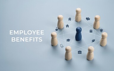 Obraz premium Wooden human figures arranged in a circle surrounding a blue leader with connected icons representing various essential employee benefits plans