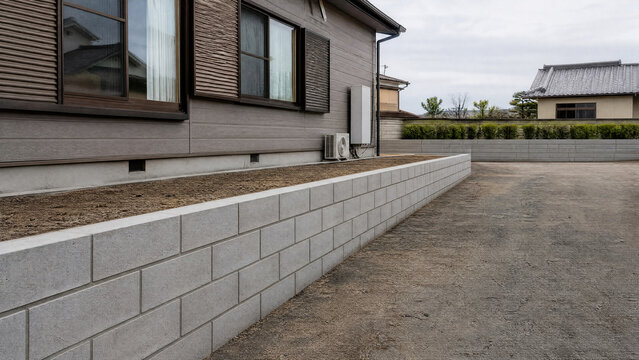 Concrete block retaining wall along the side of a Japanese house