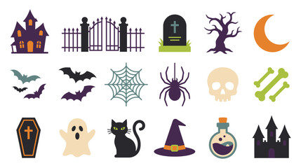 Fototapeta premium Cute flat Halloween elements and icons set including pumpkin, ghost, black cat, spider, potion bottle, and candy vector illustration.