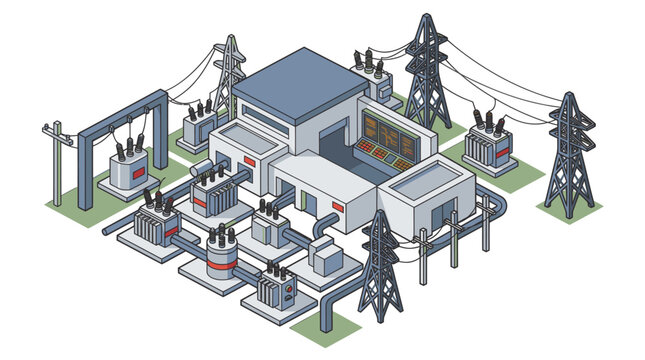 Professional Isometric of an Electrical Substation with Transformers Control Panels and Power Lines
