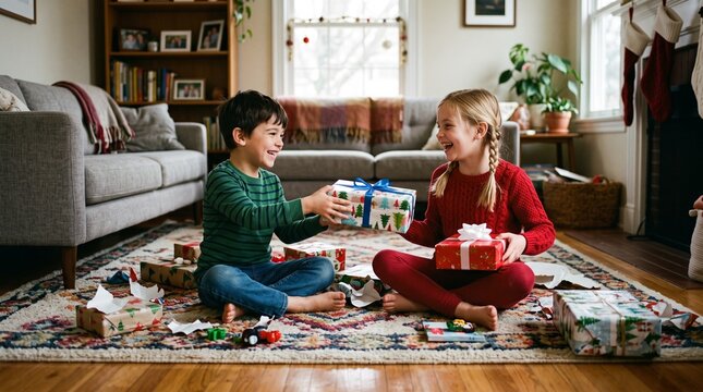Joyful siblings exchange Christmas presents on a cozy living room floor surrounded by gifts