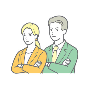 腕組みをして微笑む男女のビジネスパーソン 上半身イラスト