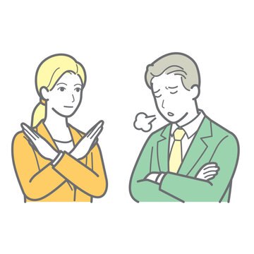 バツ印拒否サインとため息をつく男女のビジネスパーソン 上半身イラスト