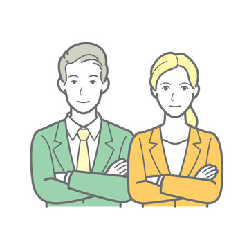 正面を向いて腕組みをする男女のビジネスパーソン 上半身イラスト