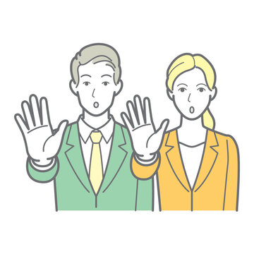 手をかざしてストップ・拒否のポーズをする男女のビジネスパーソン 上半身イラスト