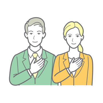 胸に手を当てて微笑む男女のビジネスパーソン 上半身イラスト
