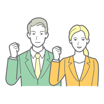 ガッツポーズで意気込む男女のビジネスパーソン 上半身イラスト